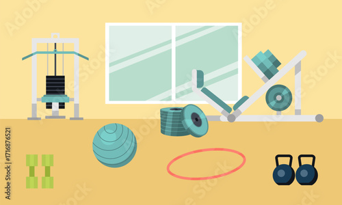 Sport Gym Interior Workout Equipment Copy Space Flat Vector Illustration