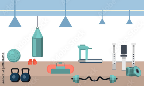 Sport Gym Interior Workout Equipment Copy Space Flat Vector Illustration