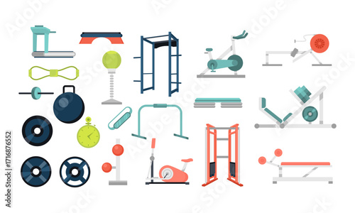 Set of colored various gym equipment vector graphic illustration. Collection of sport training apparatus, dumbbells, jump rope, aerobic ball, mat isolated on white background