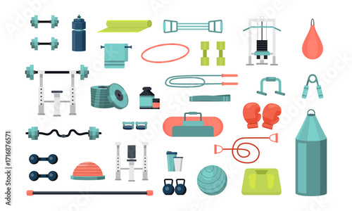 Set of colored various gym equipment vector graphic illustration. Collection of sport training apparatus, dumbbells, jump rope, aerobic ball, mat isolated on white background