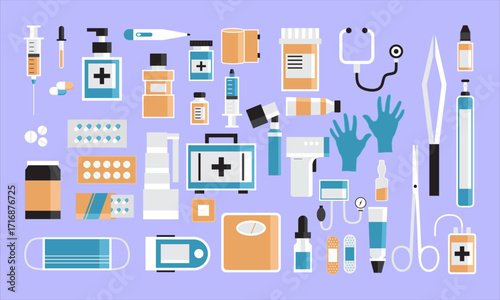 Medicine. First aid kit, stethoscope and syringe, vial of medicine, and pills, hand sanitizer bottles, medical plaster, pipette. Vector illustration