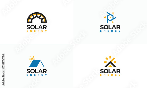 Set of Solar Energy logo designs vector, Sun power logo, Solar energy with rooftop House logo