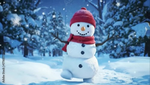 A cute, happy snowman with a red knitted hat and scarf, standing in a snowy forest with falling snowflakes, gaily run smiling new day