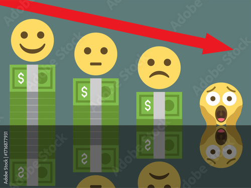 Financial decline illustration with emoji faces and money stacks under a red downward arrow, concept of economic loss, crisis, investment risk, inflation, business downturn and market collapse warning