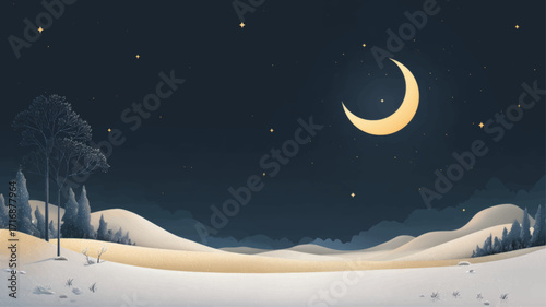 Crescent moon shining above snowy winter hills with glowing horizon starry night Yule background