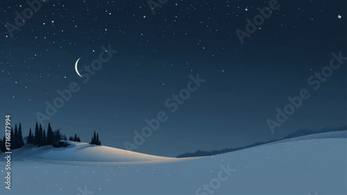Crescent moon shining above snowy winter hills with glowing horizon starry night Yule background