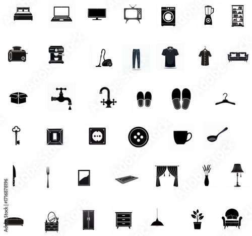 Minimalist silhouette vector icon set of household items