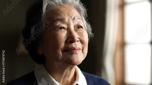 Close up of an elderly asian woman with gray hair looking down in a dimly lit room near a window