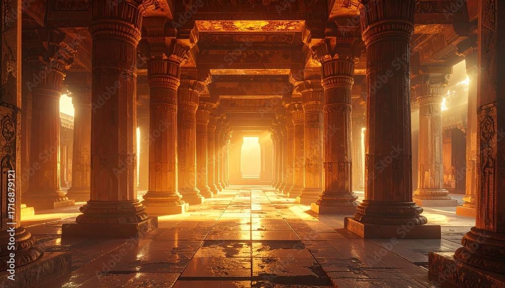Fototapeta premium Grand Hall with Ornate Pillars and Golden Light Cinematic View
