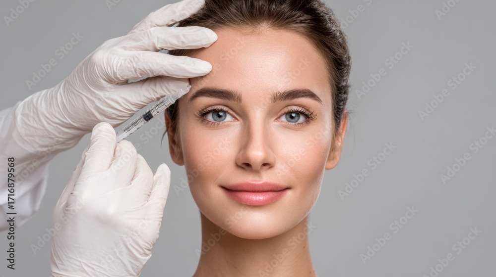 Fototapeta premium Woman undergoing Botox treatment in clinical setting with focus on skin care and rejuvenation. Procedure is professional solution for maintaining youthful and smooth skin.