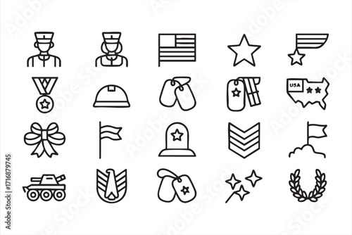 Vector design set of military service icons including tank, soldier and laurel wreath