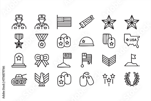 Army and veteran icons pack with patriotic elements, medals, dog tags and defense
