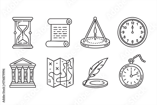 History and heritage icons set with scroll, hourglass, sundial and pocket watch