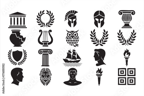 Vector design set of cultural heritage icons with torch, ship and laurel wreaths