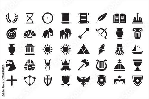 Ancient culture and mythology icons set including pyramids, scrolls and warriors