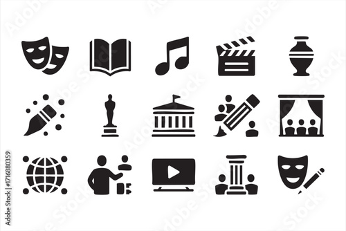 Arts and culture icons set with theater masks, music, film and literature symbols
