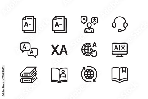 Global education and translation symbols set with headset, documents and literacy