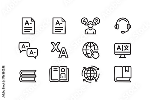 Translation and language education icons set with globe, book, chat and computer