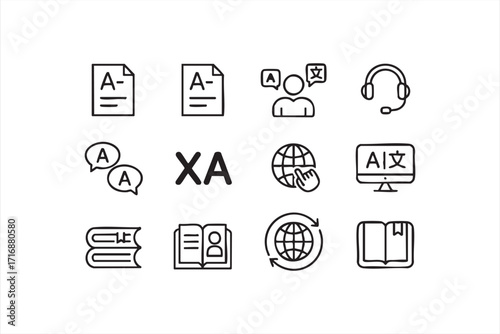 Black vector illustrations of multilingual communication and study resources pack