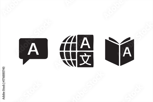 Translation and global communication icons set with book, globe and chat bubble