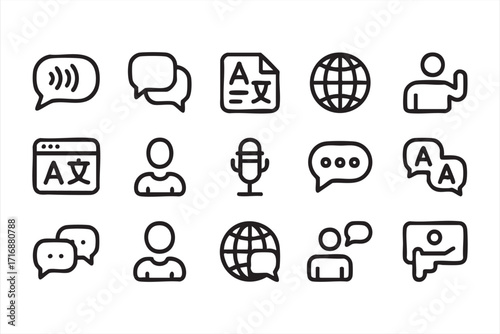 Vector icon set of translation and internet communication tools for worldwide use