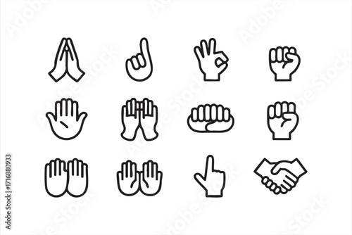 Hand gesture icons set with sign language, handshake, ok and praying hands symbols