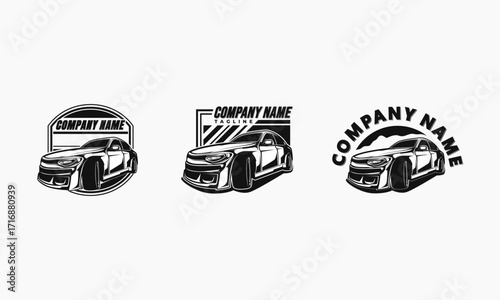 Three Black and White Car Logo Designs with "Company Name"