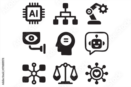 Artificial intelligence and robotics vector icons set for technology and automation