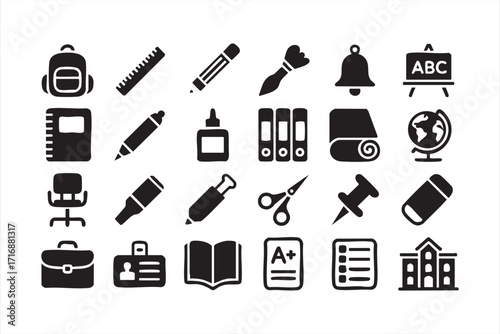 School and education supplies icons vector set for classroom and academic projects