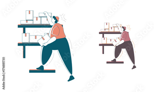 Two People Reaching for Boxes on a Shelf