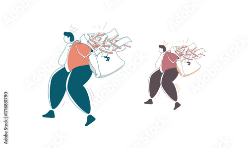 Two Cartoon People Struggling Under the Weight of Money Bags