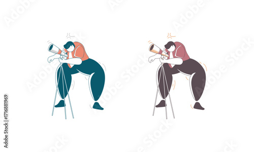 Frustrated Man Using a Telescope on a Tripod