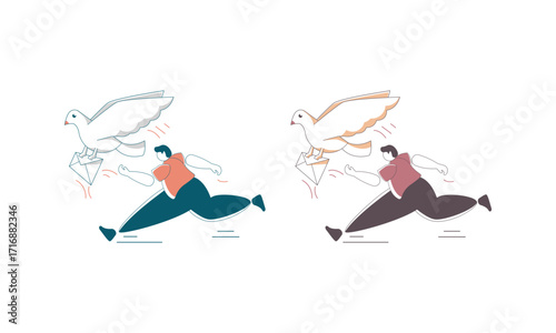 Two People Running After Pigeons Carrying Envelopes