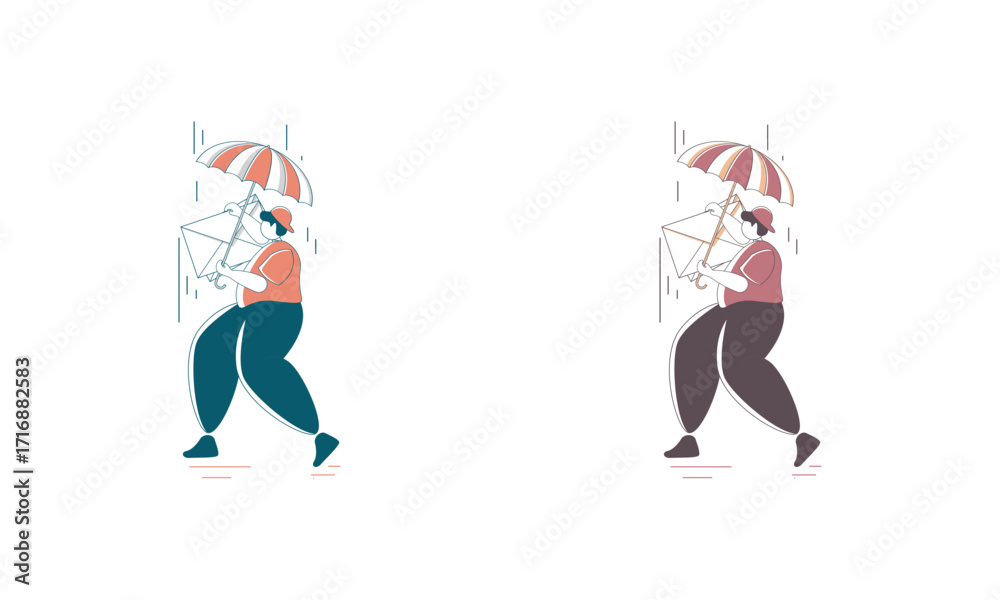 Obraz premium Two People Walking in the Rain with Umbrellas and Kites
