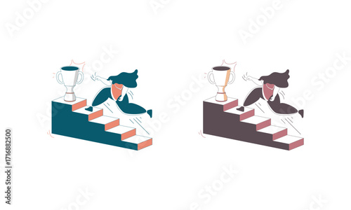 Two women running up stairs towards a trophy at the top