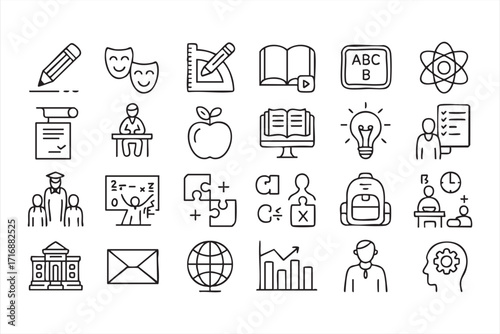 Modern education subject icons set with apple, backpack, and puzzle graphics