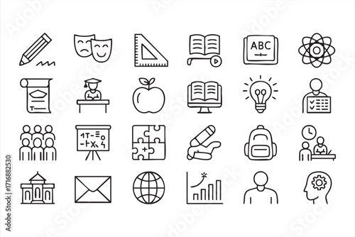 Academic and learning icons collection featuring books, globe, and graduation designs