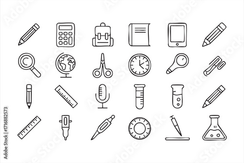 Science and study icons collection including beakers, test tubes, and protractor designs