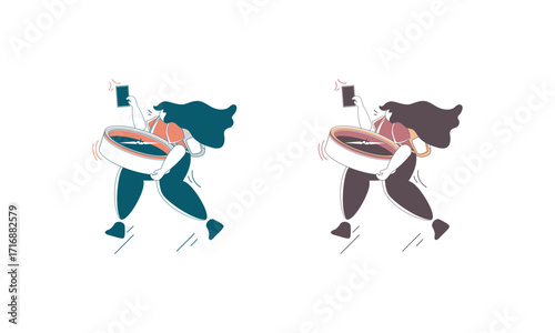 Two Cartoon Women Holding a Compass and a Cellphone