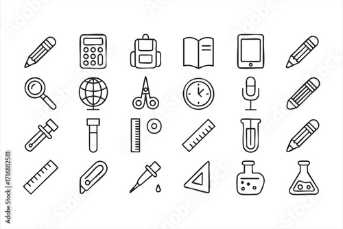 Classroom and student vector icons set with globe, magnifying glass, and eraser