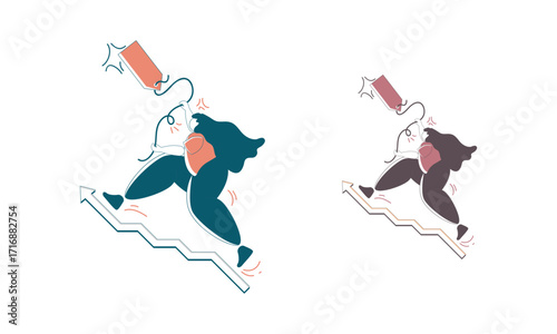 Woman with a price tag running up an upward arrow