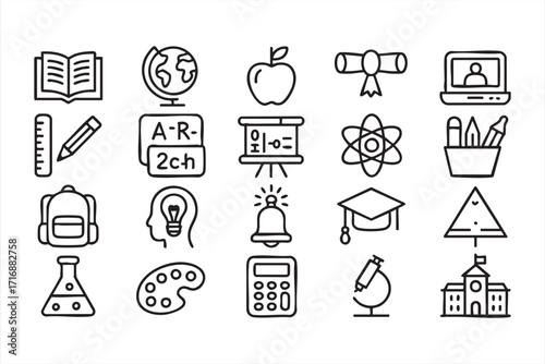 Outline education icons collection featuring book, globe, and graduation elements