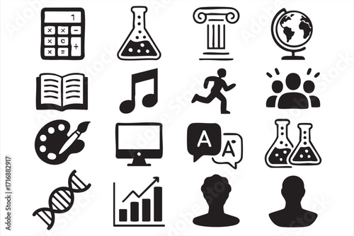 Education and classroom vector icons including art, study, and communication designs