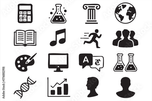 School and learning subject icons set with DNA, chemistry, and technology graphics