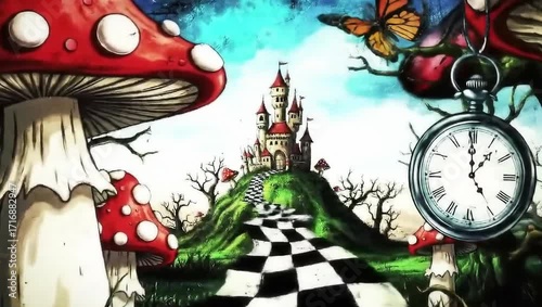 A surreal, whimsical landscape inspired by Alice in Wonderland, featuring giant red and white spotted mushrooms in the foreground, a winding checkered path leading to a fairytale castle, dystopian 