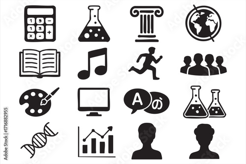 Academic subject icons collection featuring sports, history, and music in vector style