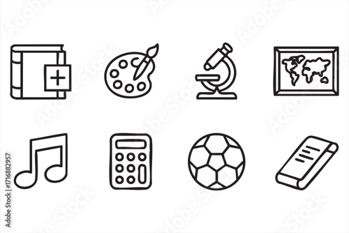 Education and learning subject icons set for school, student, and classroom projects