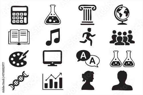 Vector education icons set with science, art, and language subject elements