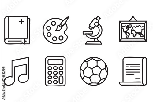 Academic and school subjects icons collection featuring sports, math, and geography