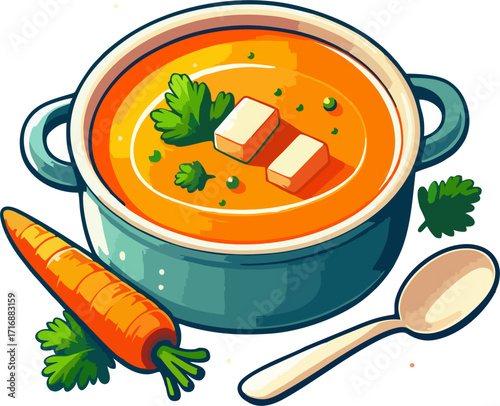 Cartoon Vector Illustration of Carrot Soup in Turquoise Pot with Fresh Whole Carrot, Parsley Garnish, Croutons, and Wooden Spoon for Healthy Recipe